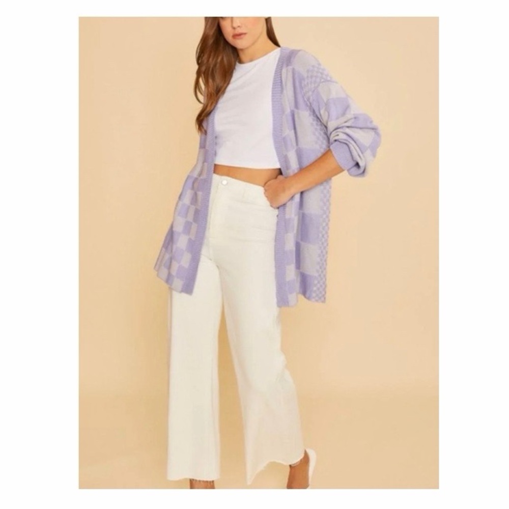 Anniewear Checkered Drop Shoulder Cardigan Sweater‎ In Lavender